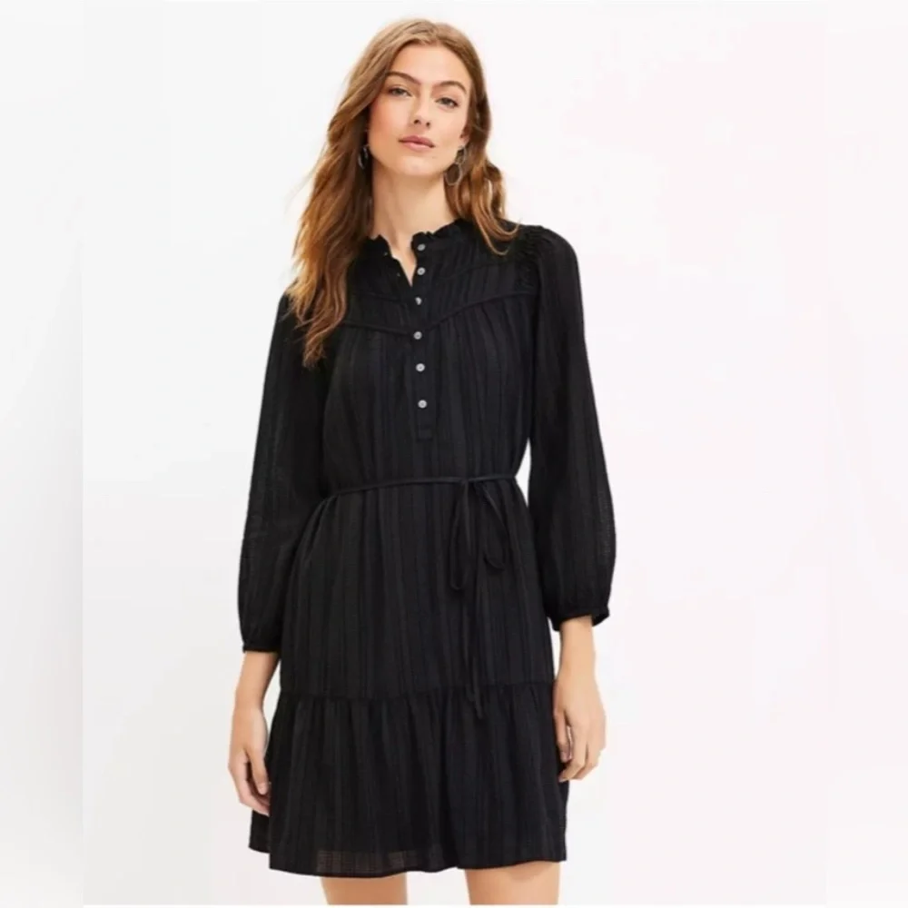 LOFT Black Long Sleeve Dress with Tie Waist Petite Large - Picture 1 of 7